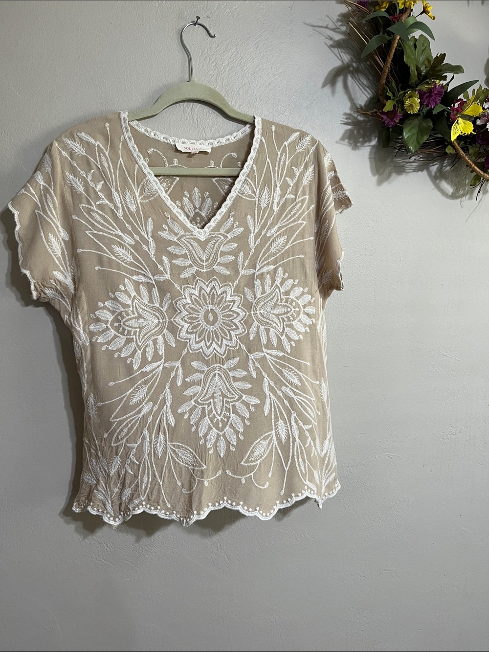 Solitaire Beige V-Neck Blouse with White Floral Embroidery